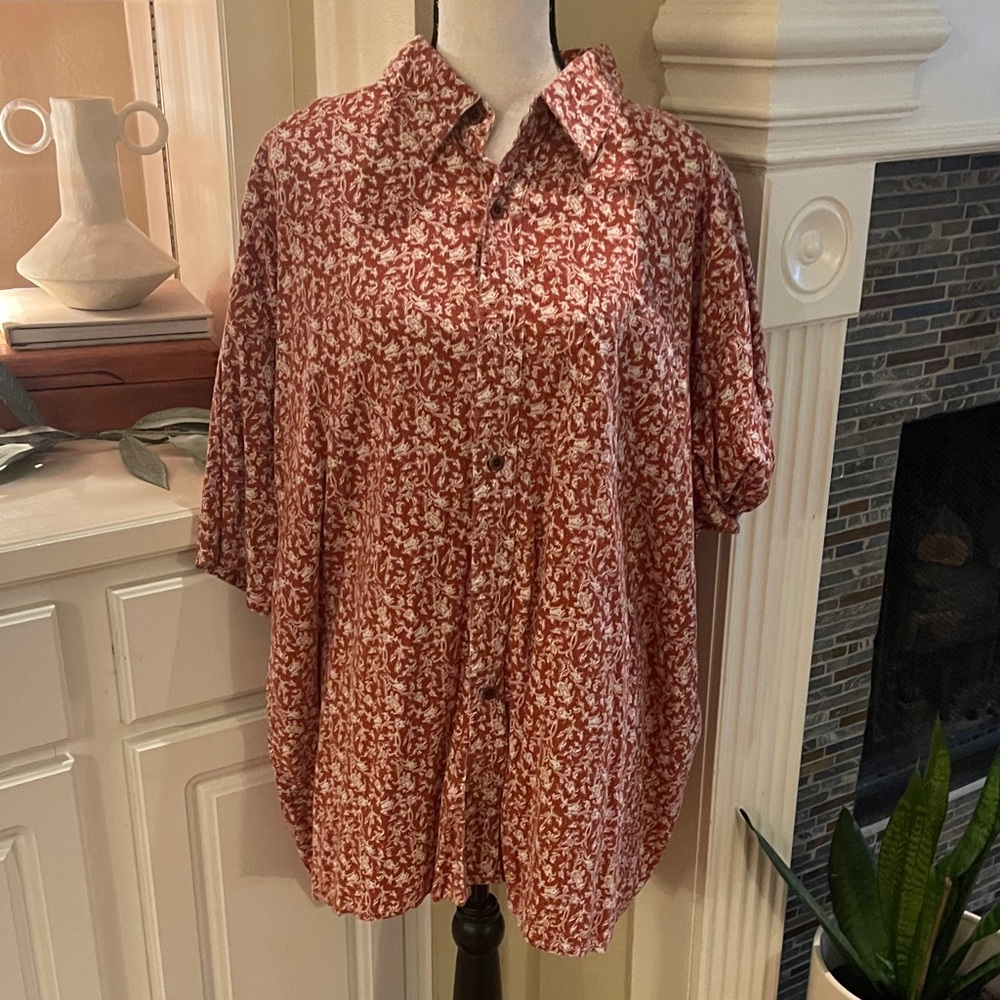 Orvis Red Floral Casual Button Down Shirt